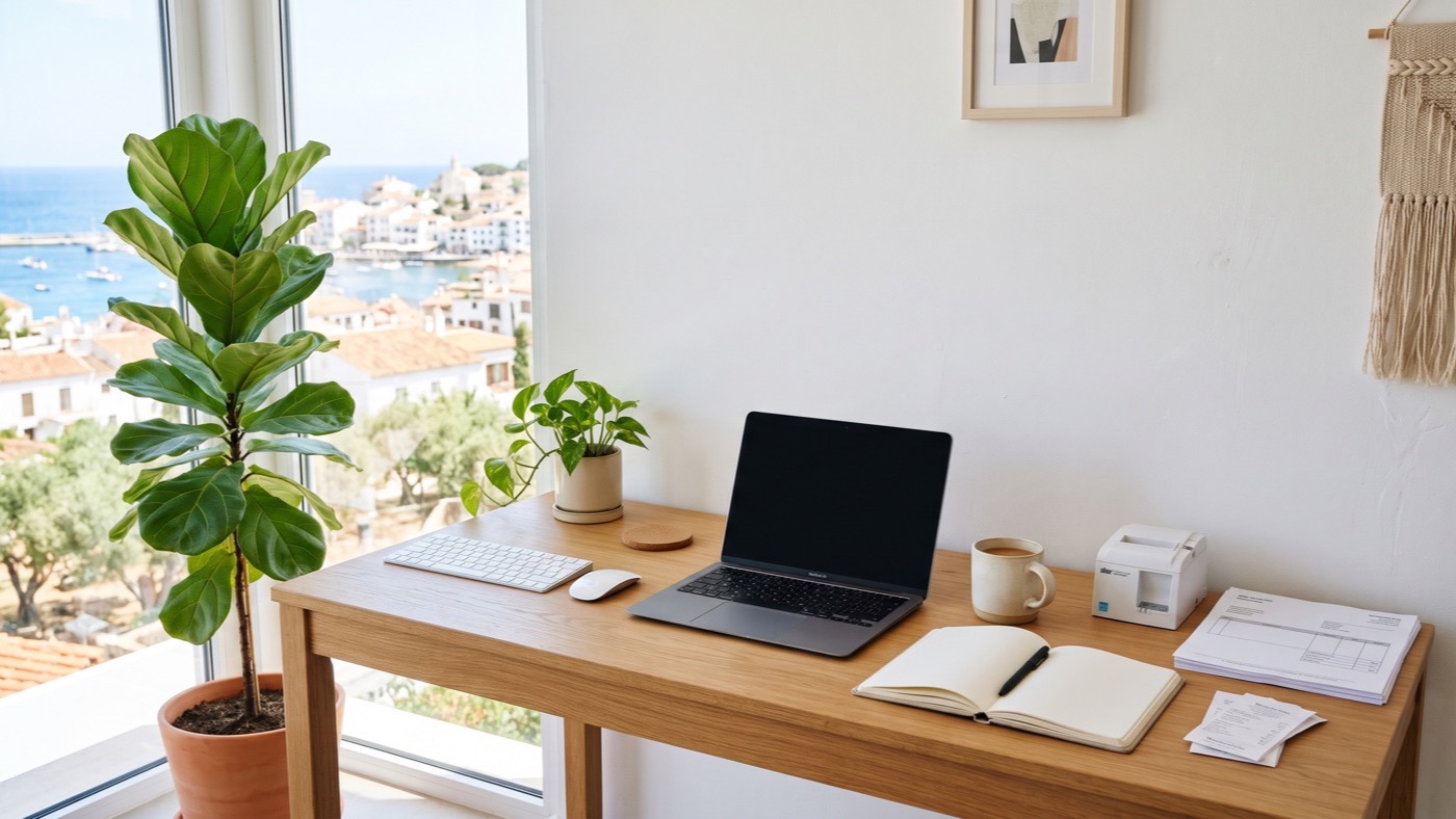 Bureau d’indépendant avec ordinateur et factures