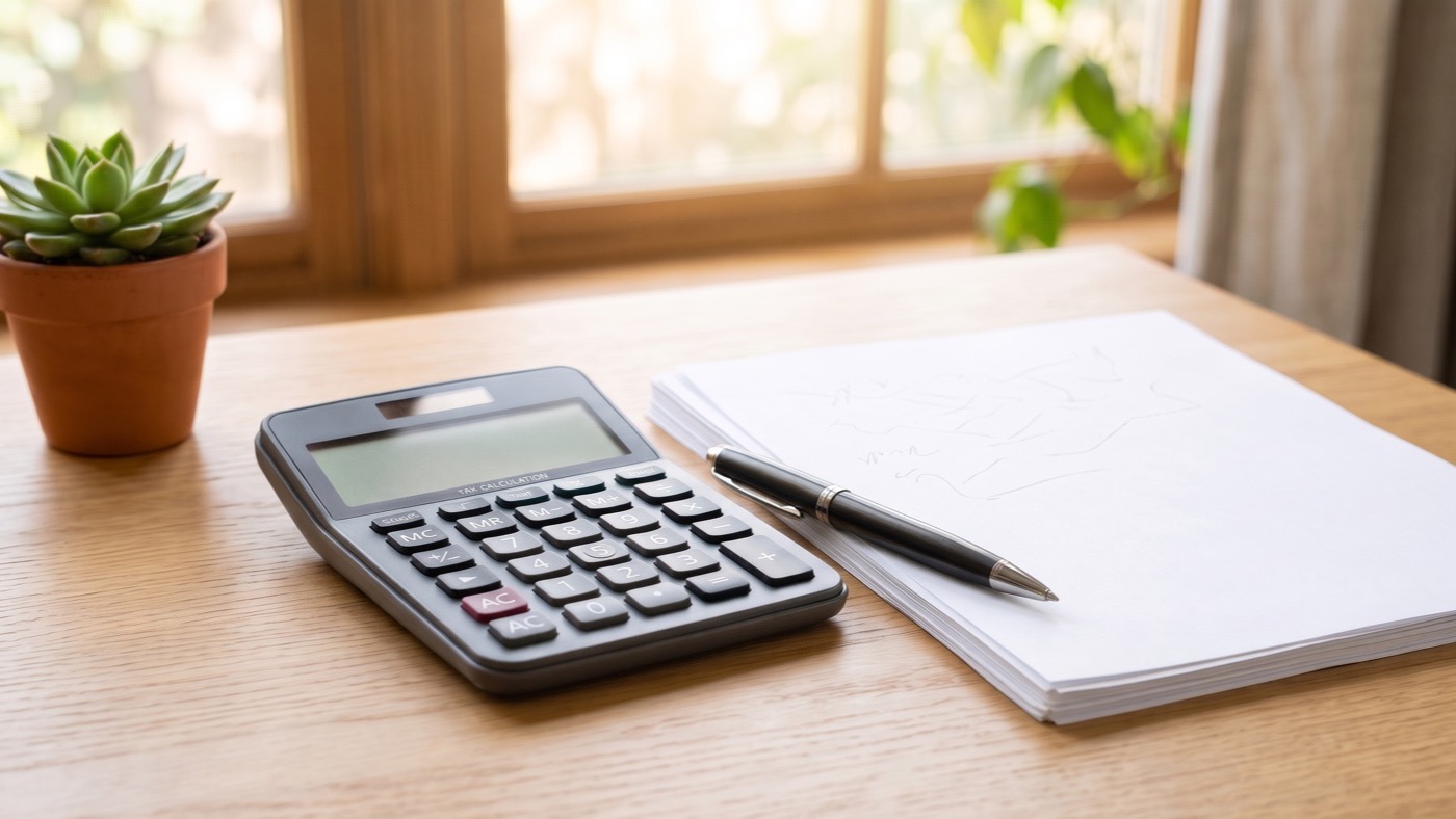Calculatrice et documents sur un bureau