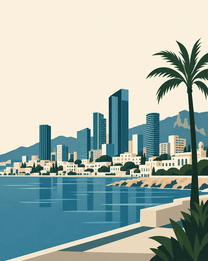 איור: קו חוף ים תיכוני ומגדלי משרדים